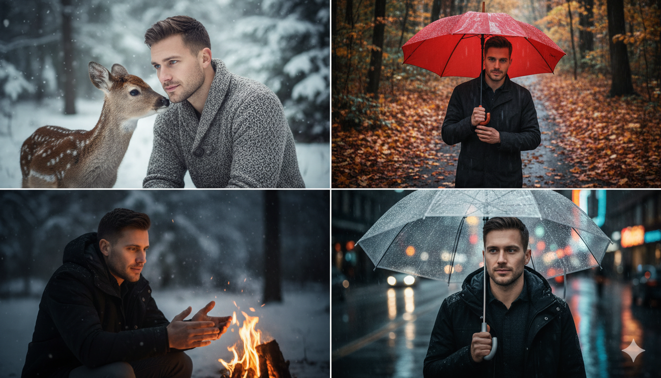 صورة مقسمة لأربعة أجزاء تعرض رجلاً في أربعة مشاهد طبيعية ساحرة: في الأعلى يسارًا، في لحظة لطيفة مع غزال في غابة ثلجية؛ في الأعلى يمينًا، يحمل مظلة حمراء في غابة خريفية ممطرة؛ في الأسفل يسارًا، يدفئ يديه بجانب نار مخيم في الثلج؛ في الأسفل يمينًا، يمشي بمظلة شفافة في شارع مدينة ممطر.