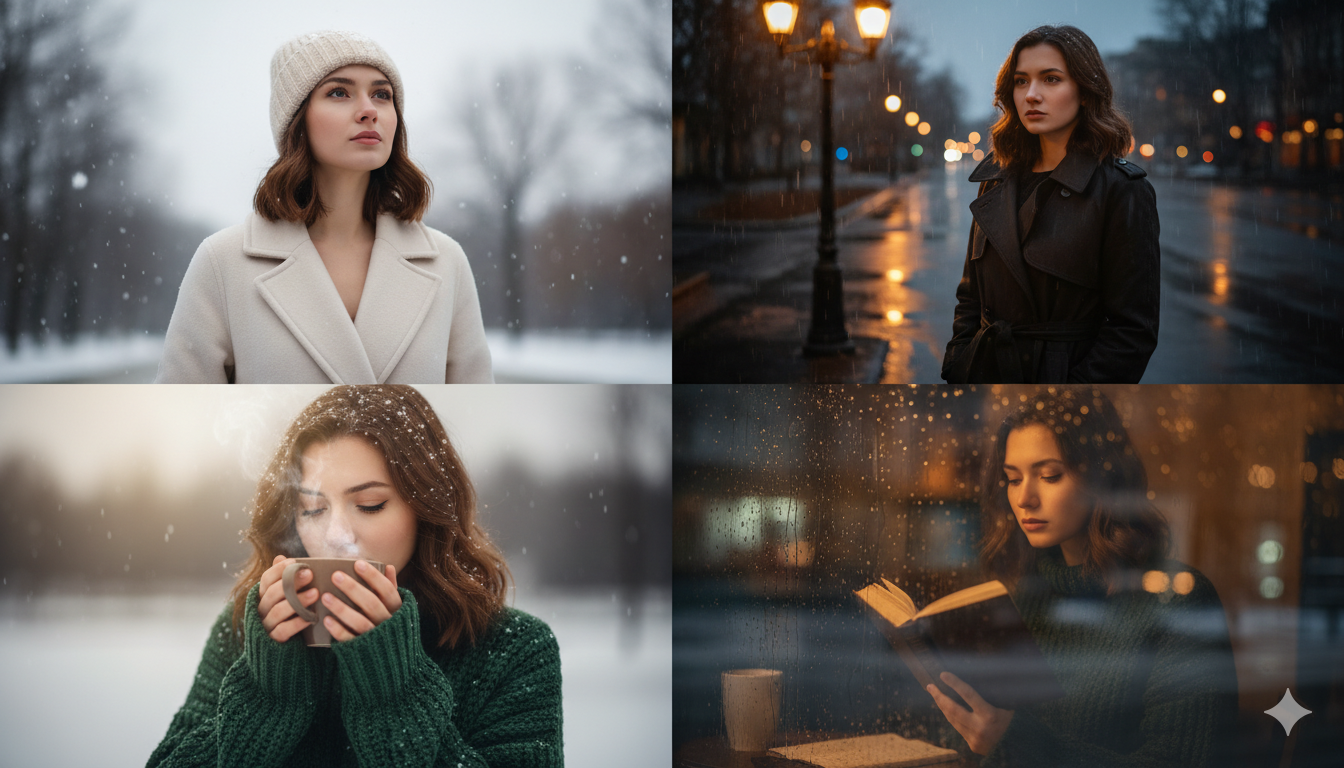 صورة مقسمة لأربعة أجزاء تعرض امرأة في أربعة مشاهد بورتريه حالمة: في الأعلى يسارًا، تقف تحت الثلج المتساقط؛ في الأعلى يمينًا، في شارع مدينة ممطر ليلاً؛ في الأسفل يسارًا، تحمل كوبًا ساخنًا في الثلج؛ في الأسفل يمينًا، تقرأ كتابًا داخل مقهى دافئ ونافذته مبللة بالمطر.