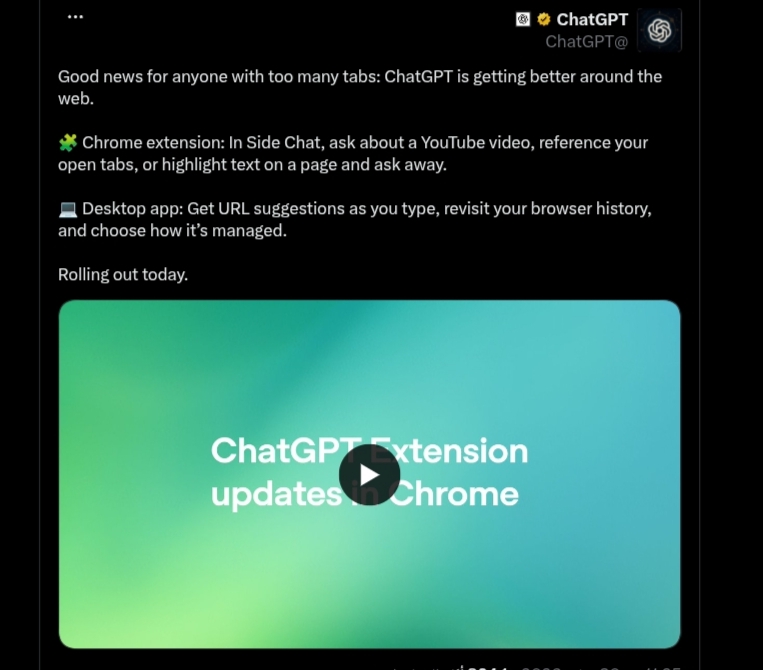 لقطة شاشة لتغريدة رسمية من حساب شات جي بي تي (ChatGPT@) على منصة إكس تعلن عن تحديثات لإضافة المتصفح وتطبيق سطح المكتب.