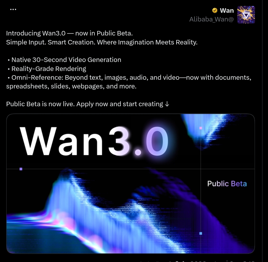 Screenshot of the official announcement for Wan 3.0 public beta highlighting key features.