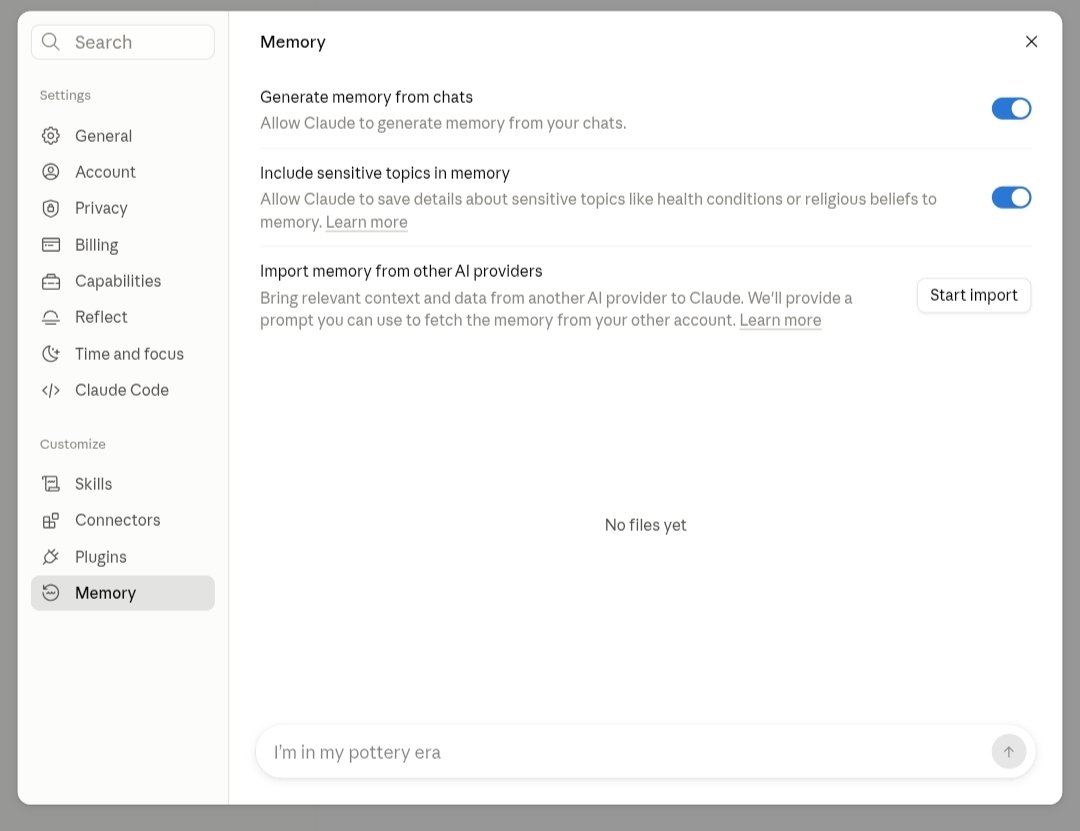 Screenshot of Claude AI memory settings dashboard showing toggles for generating chat memory, including sensitive topics, and importing memory from other AI providers