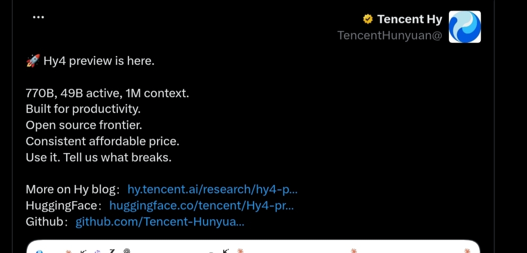 لقطة شاشة لمنشور حساب Tencent Hy الرسمي على منصة X يعرض تفاصيل إطلاق نموذج Hy4 preview وروابط الوصول عبر GitHub وHugging Face.