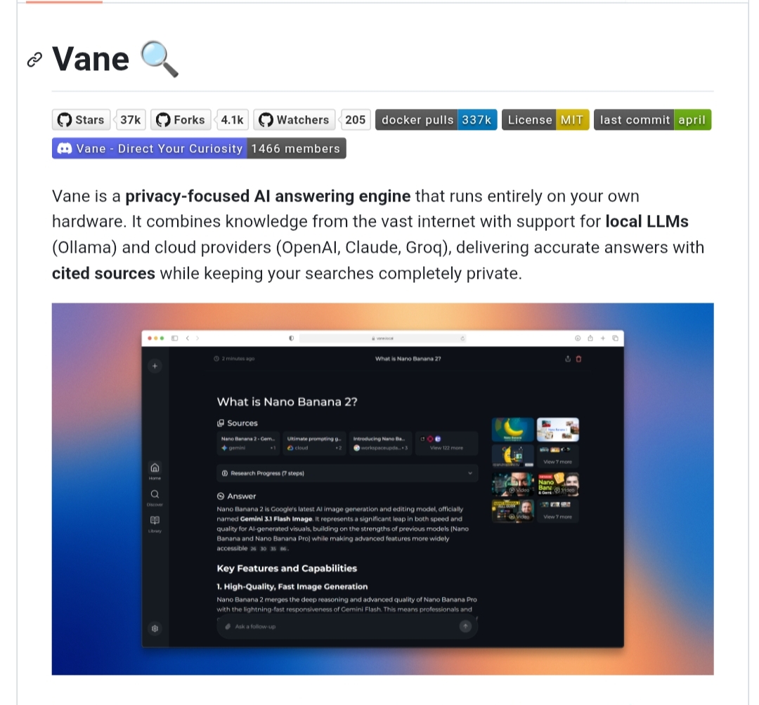 واجهة محرك البحث الذكي Vane مفتوح المصدر مع استعراض نتائج الويب والمصادر الموثقة.