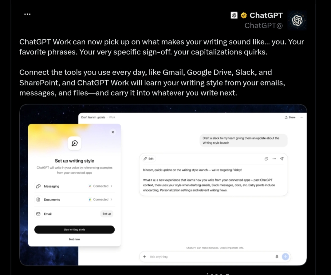 Screenshot of the official ChatGPT announcement on X showing the 'Set up writing style' modal and connected apps in ChatGPT Work.