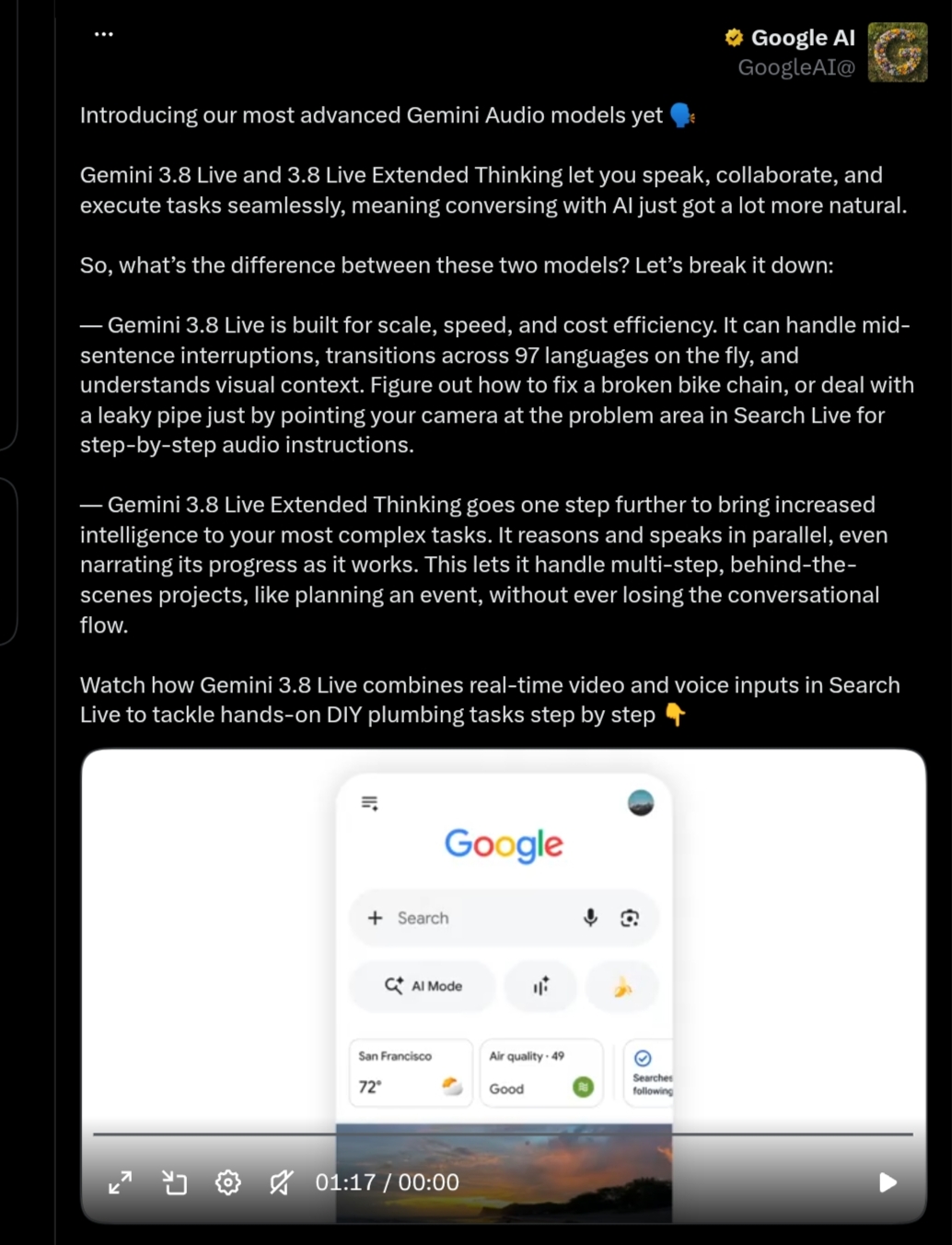 Screenshot of the official Google AI post on X detailing features of Gemini 3.8 Live, Extended Thinking, and real-time DIY troubleshooting in Search Live.