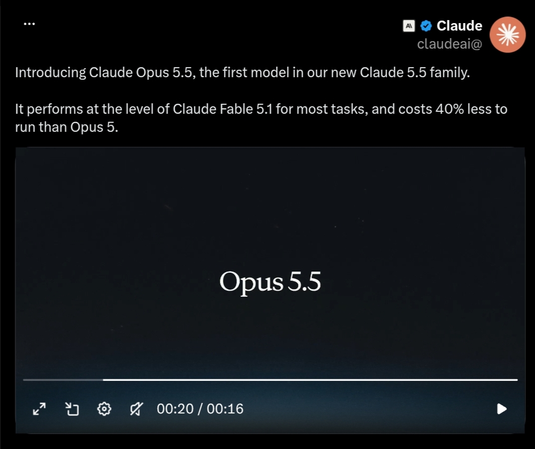 Official Anthropic announcement post launching the Claude Opus 5.5 AI model