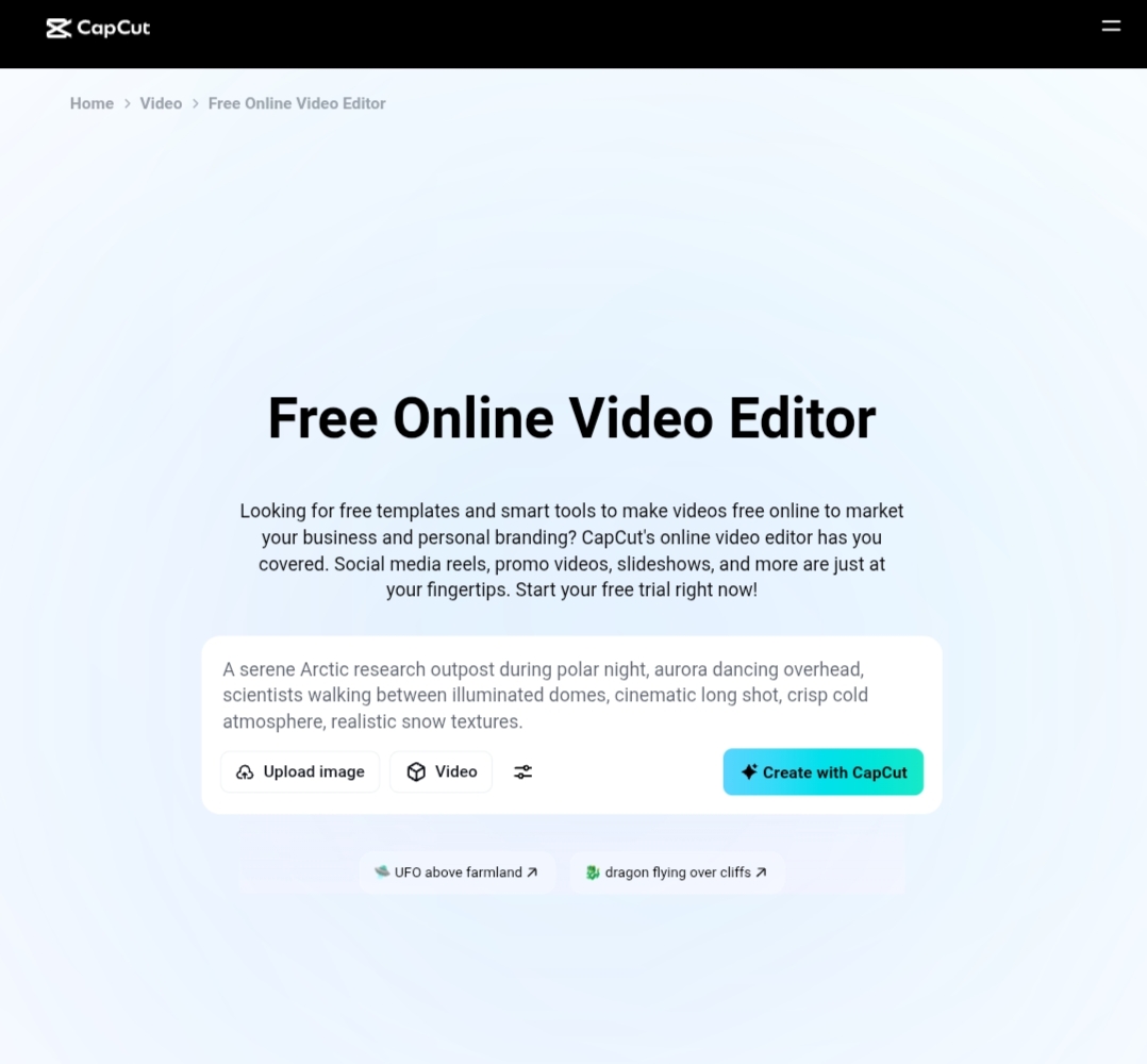 Screenshot of the CapCut Online web interface showing the free AI video editor with text-to-video prompt generation tools