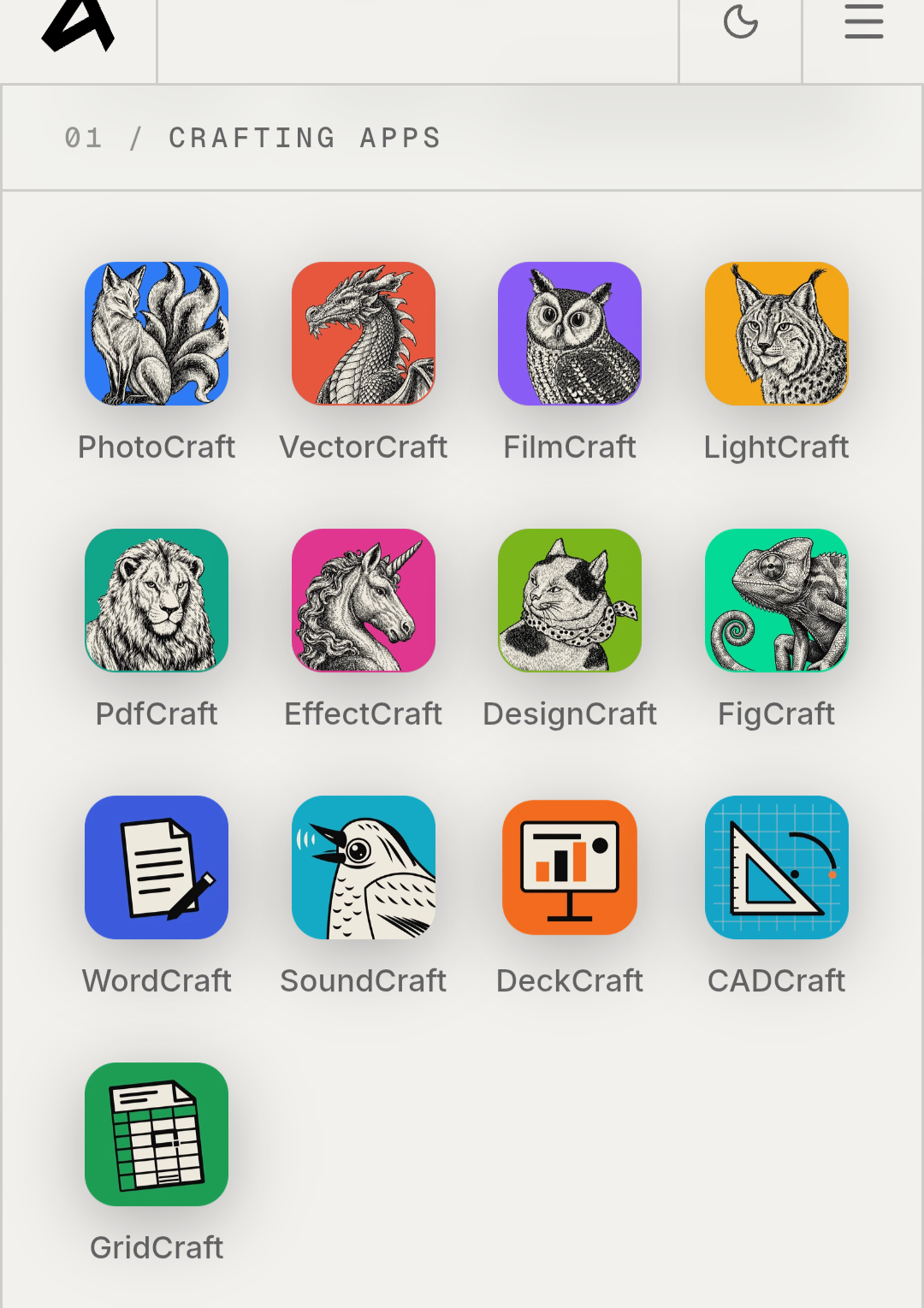 شبكة تعرض الأيقونات الرسمية لتطبيقات ArtCraft الـ 13 مفتوحة المصدر بما فيها PhotoCraftوWordCraft و GridCraft و CADCraft.