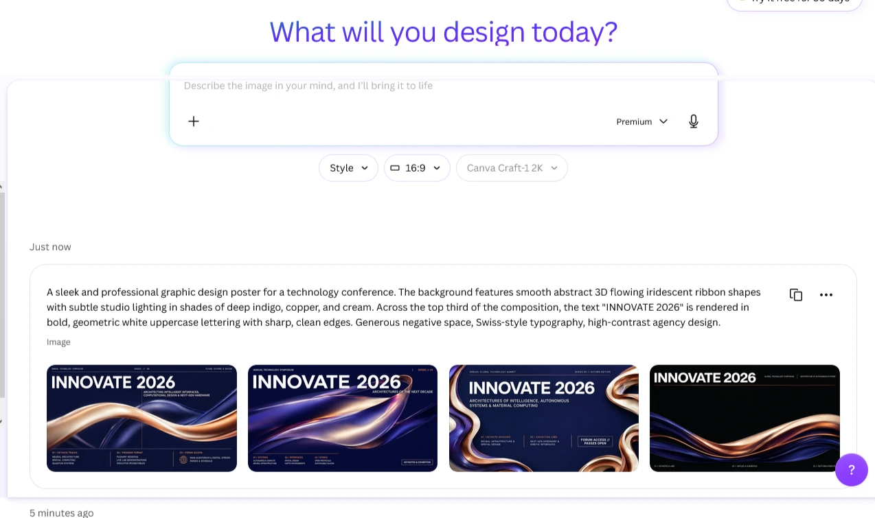 Canva Dream Lab interface showing four technology conference poster variations generated by the Canva Craft-1 2K model with prominent "INNOVATE 2026" typography across the top.